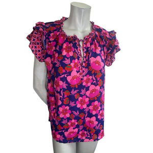 Rose & Olive Silky Floral Feminine Blouse Flutter Sleeves Size Large